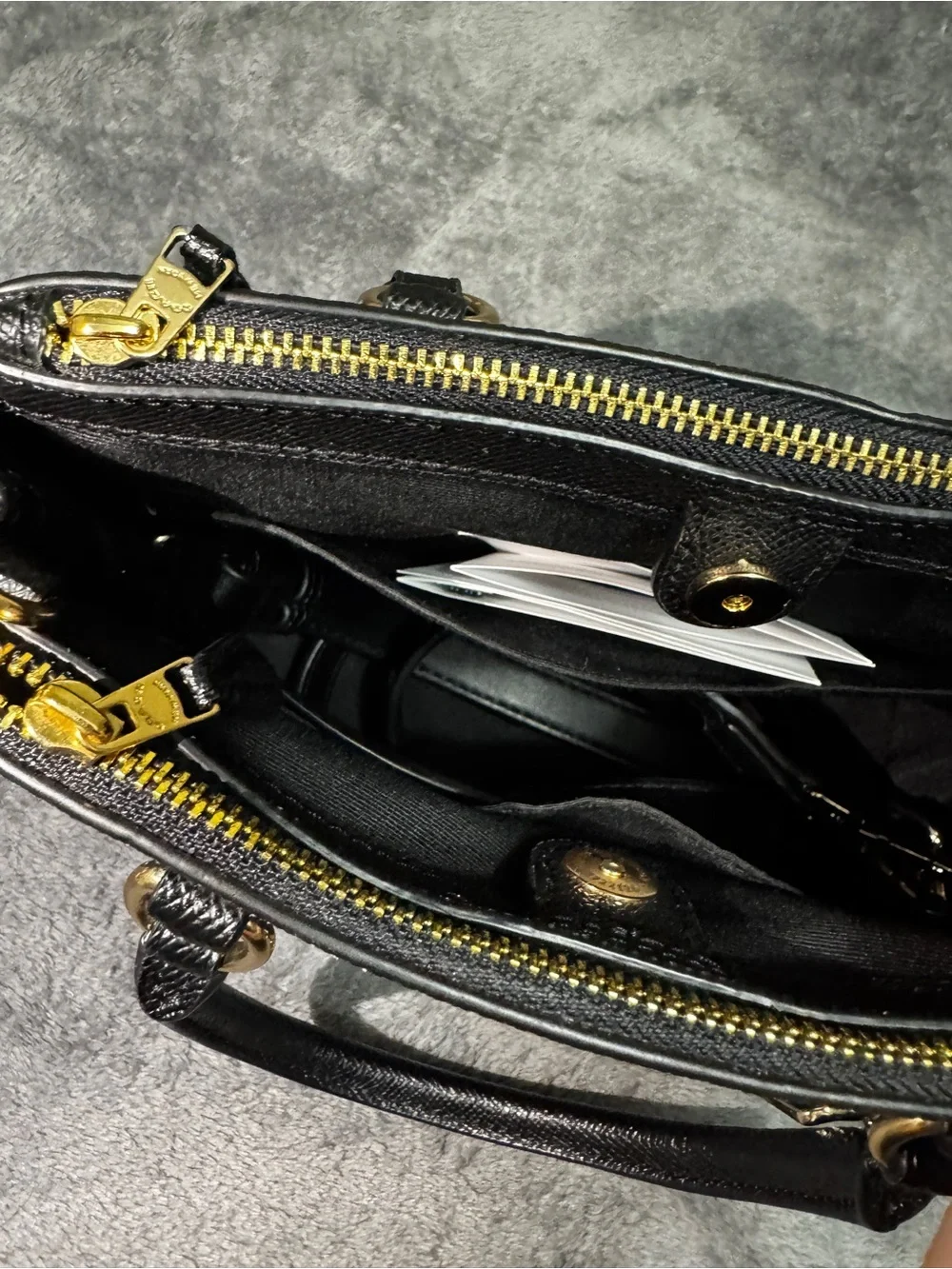 Coach Black Saffiano Leather Satchel with Gold Stud Accents